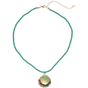 Bohemian crystal beaded necklace with geometric resin pendant in vintage green finish
