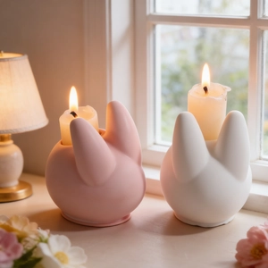 Minimalist rabbit ceramic candle holder set in pink and white for Easter home decor