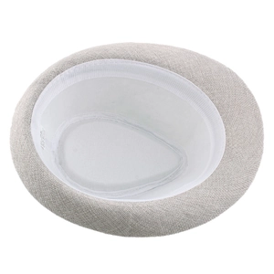 Internal view of light grey linen fedora hat with white sweatband and lining details