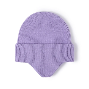 Women winter lavender purple knitted hat with ear protection and stylish turn-up cuff