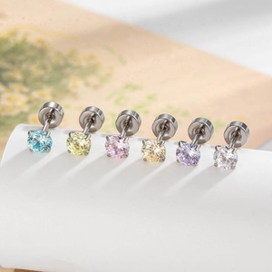 Set of six 4mm round candy-colored zircon stud earrings in silver settings