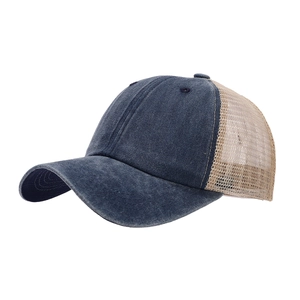 Retro washed navy cotton and beige mesh breathable baseball cap with curved brim