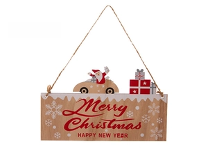 Detail of wooden Merry Christmas sign with Santa driving a car and jute hanging rope