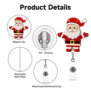 Detail of Christmas Santa badge reel showing 360 rotation and retractable nylon cord