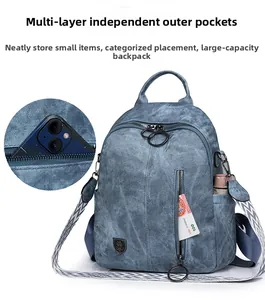 Detail view of denim texture backpack with geometric woven straps and multi-pocket design