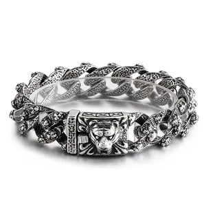 Men Retro Stainless Steel Animal Head Bracelet Vintage Punk Wolf Tiger Snake Lion Head Heavy Chain Jewelry Biker Style