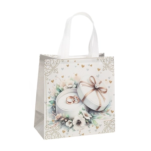 Weiße Vlies-Geschenktüte zur Hochzeit mit goldenen Ringen, Blumenprint und Tragegriffen
