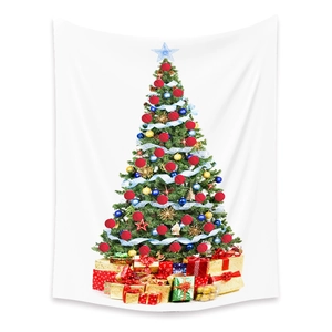 Detailed Christmas tree print on bohemian tapestry with ornaments and gift boxes