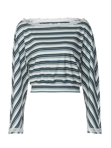 Women stripe long sleeve knit top with white lace trim on neckline and cuffs