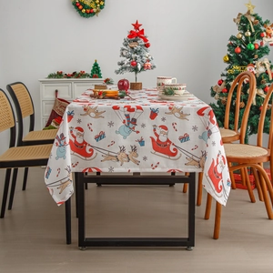 Rectangular Christmas Tablecloth Polyester Cotton Linen Blend Printed Santa Reindeer Snowman Holiday Party Decoration