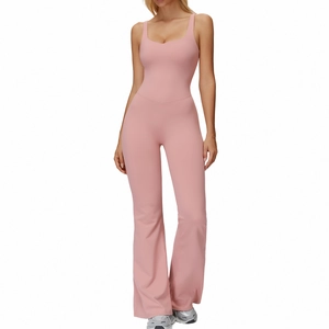 Lotus pink brushed yoga jumpsuit featuring flare legs and slim fit athletic design