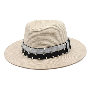 Classic beige straw boater hat with pearl and rhinestone band for women's sun protection