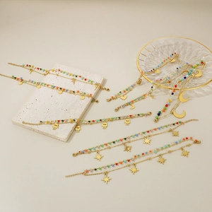Bohemian gold stainless steel double-layer bracelet with colorful beads and star moon charms