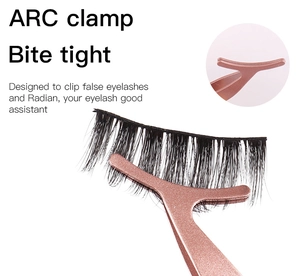 Rose gold eyelash applicator tool with curved arc clamp shown in close-up detail