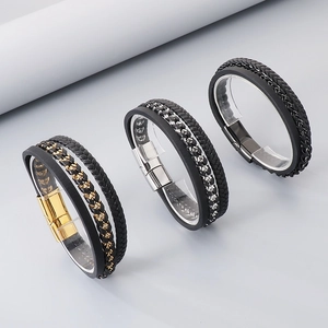 Multilayer braided leather bracelet with magnetic stainless steel clasp in black and gold