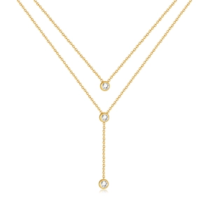 Double-layered gold titanium steel necklace with three sparkling round zircon stones