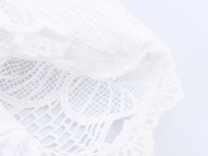Detailed macro shot of intricate white lace embroidery and delicate mesh texture