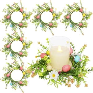 Set of 5 Easter candle rings with colorful eggs and white daisies for spring home decor
