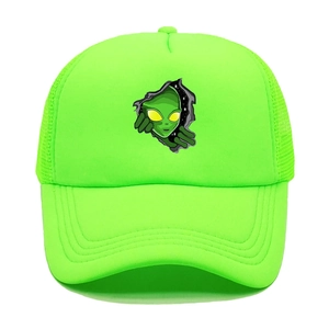 Detailed view of neon green trucker hat with alien print and breathable mesh fabric