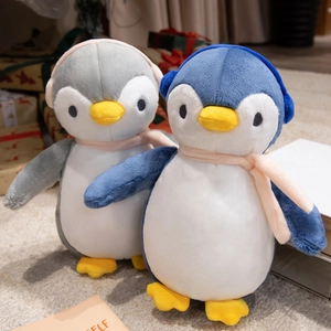 Cute plush penguin dolls with earmuffs and scarves for soft holiday home decoration