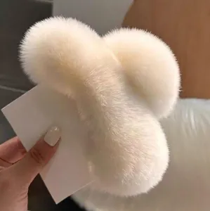 Plush beige faux rex rabbit fur hair claw clip for elegant women hair styling