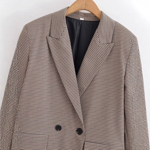 Veste blazer pied-de-poule marron mi-longue avec double boutonnage noir pour femme