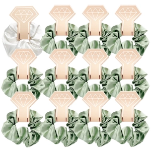 12-pack satin scrunchies in sage green and white with rose gold diamond cards