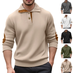 Men's khaki stand collar henley sweatshirt with button placket and elbow patches