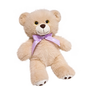 Light brown teddy bear plush toy with purple polka dot ribbon on white background