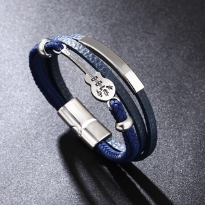 Punk multilayer blue leather braided bracelet featuring a metallic guitar charm and magnet clasp