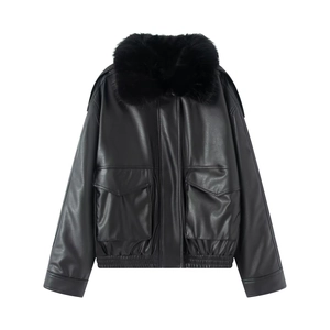 Women Faux Leather Jacket With Detachable Faux Fur Collar Moto Biker Fashion Casual Zip Up Outwear