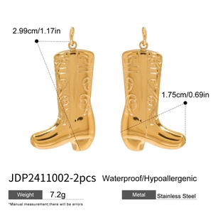 Waterproof gold stainless steel boot pendants with detailed measurements and size specs
