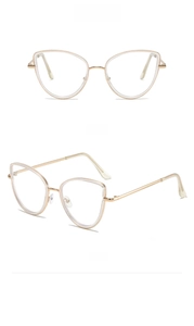 Front and 45-degree side views of cat-eye glasses frames with transparent gold finish