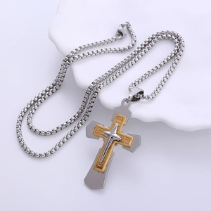 Retro punk two-tone stainless steel cross pendant necklace for men with gold accents