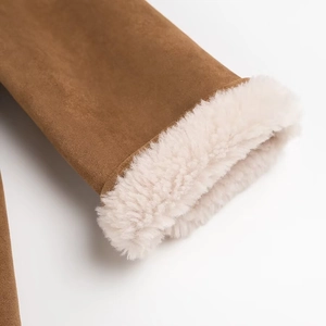 Brown suede mid-length coat with white faux fur cuffs and warm lining for women
