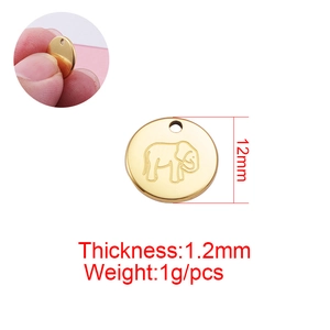 18K gold plated titanium steel round pendant with engraved elephant, 12mm DIY accessory
