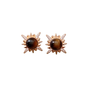 18K gold plated tiger eye sunburst earrings with sparkling zircon accents on white background