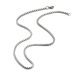 Classic 2mm silver stainless steel box chain necklace with lobster clasp on white background