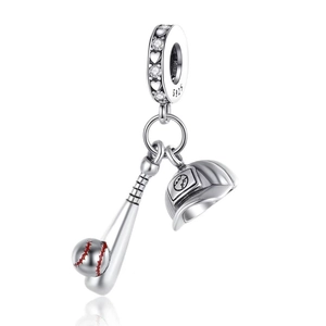 Silver baseball charm set with bat, helmet and ball, featuring S925 sterling silver and zircon