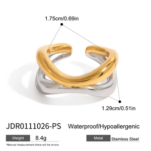 Two-tone gold and silver wavy crisscross stainless steel ring for women in 45-degree view