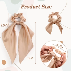 Champagne satin bow scrunchie set showing product dimensions of 1.97 and 11 inches