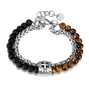 Men Double Layer Bracelet Stainless Steel Cuban Chain Tiger Eye Matte Black Onyx Beads Cross Charm Fashion