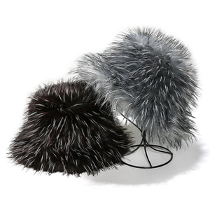 Faux fox fur winter bucket hat in black and light grey for women warm plush outdoor hat