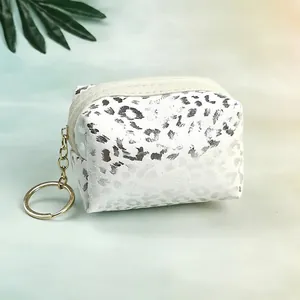 Detail of silver leopard print coin purse with golden zipper and metal keychain ring