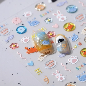 3D embossed sea animal nail stickers with glossy finish and cute macaron ocean designs