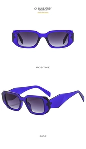 Detail view of square blue frame sunglasses with grey gradient lenses from two angles