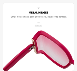 Detail of durable metal hinges on oversized red sunglasses with high-quality curved lenses