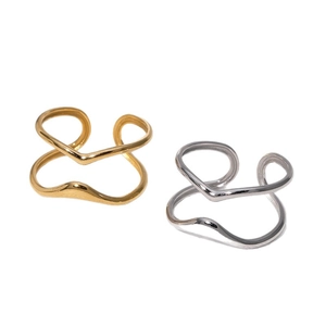 Minimalist double layer curved gold and silver stainless steel adjustable open rings