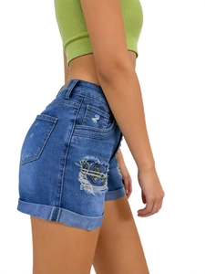 Women high waisted blue denim shorts with side embroidery and distressed ripped details