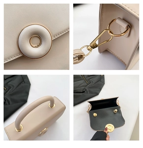 Detailed views of beige PU leather handbag with gold hardware and interior structure